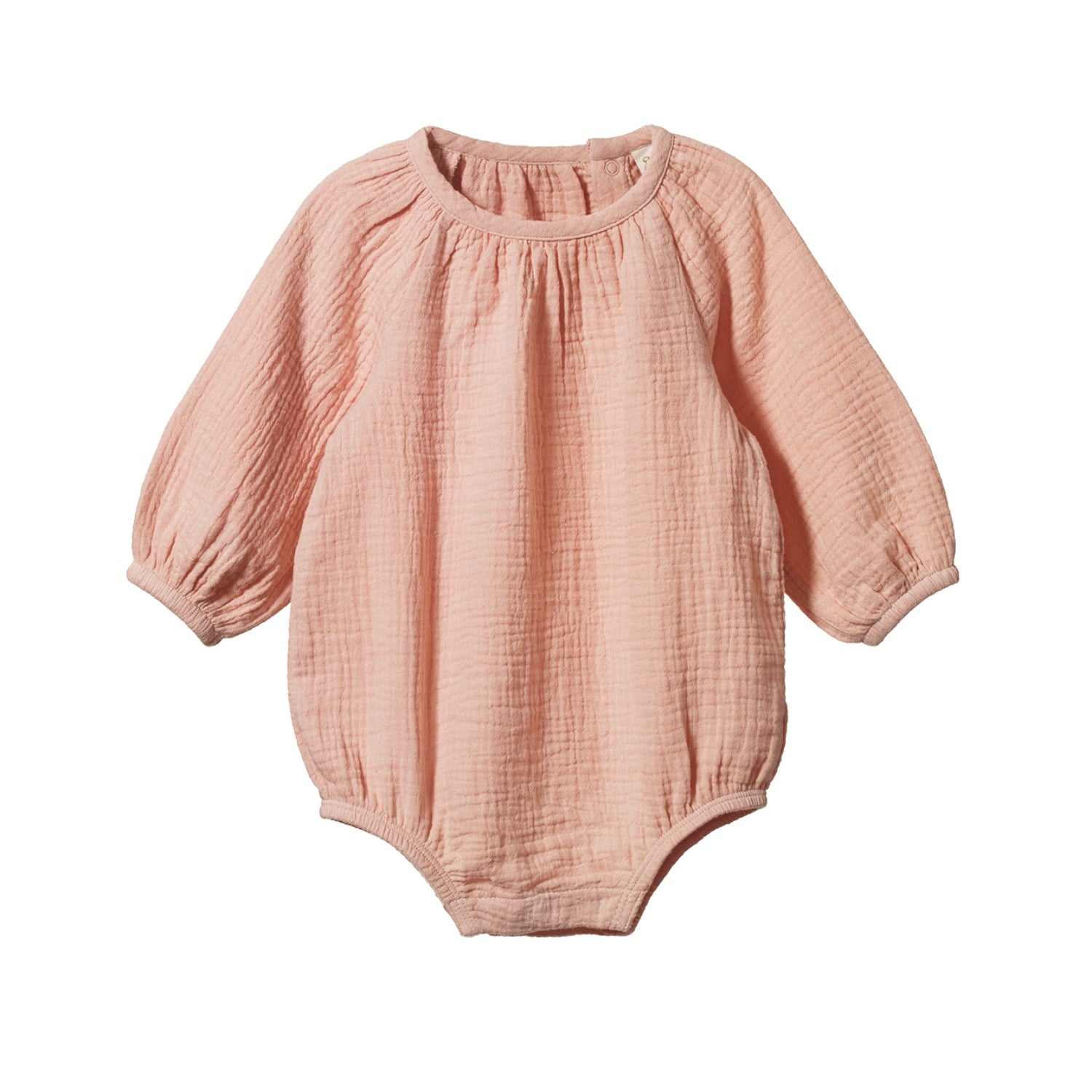 Pink Muslin baby romper with long sleeves on a white background by Nature Baby