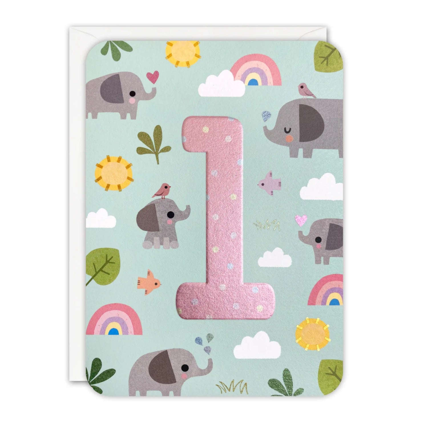 Card Age 1 Birthday Pink Elephants