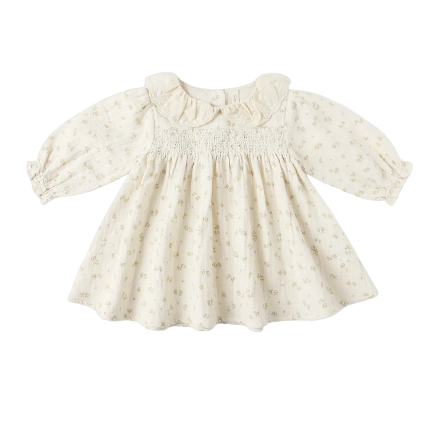 White baby dress with floral pattern on a white background