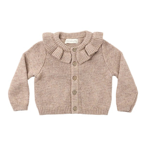 A baby knit cardigan sweater in a heathered light taupe-beige color, featuring a ruffled Peter Pan collar, button-front closure, and long sleeves, laid flat on a white background.