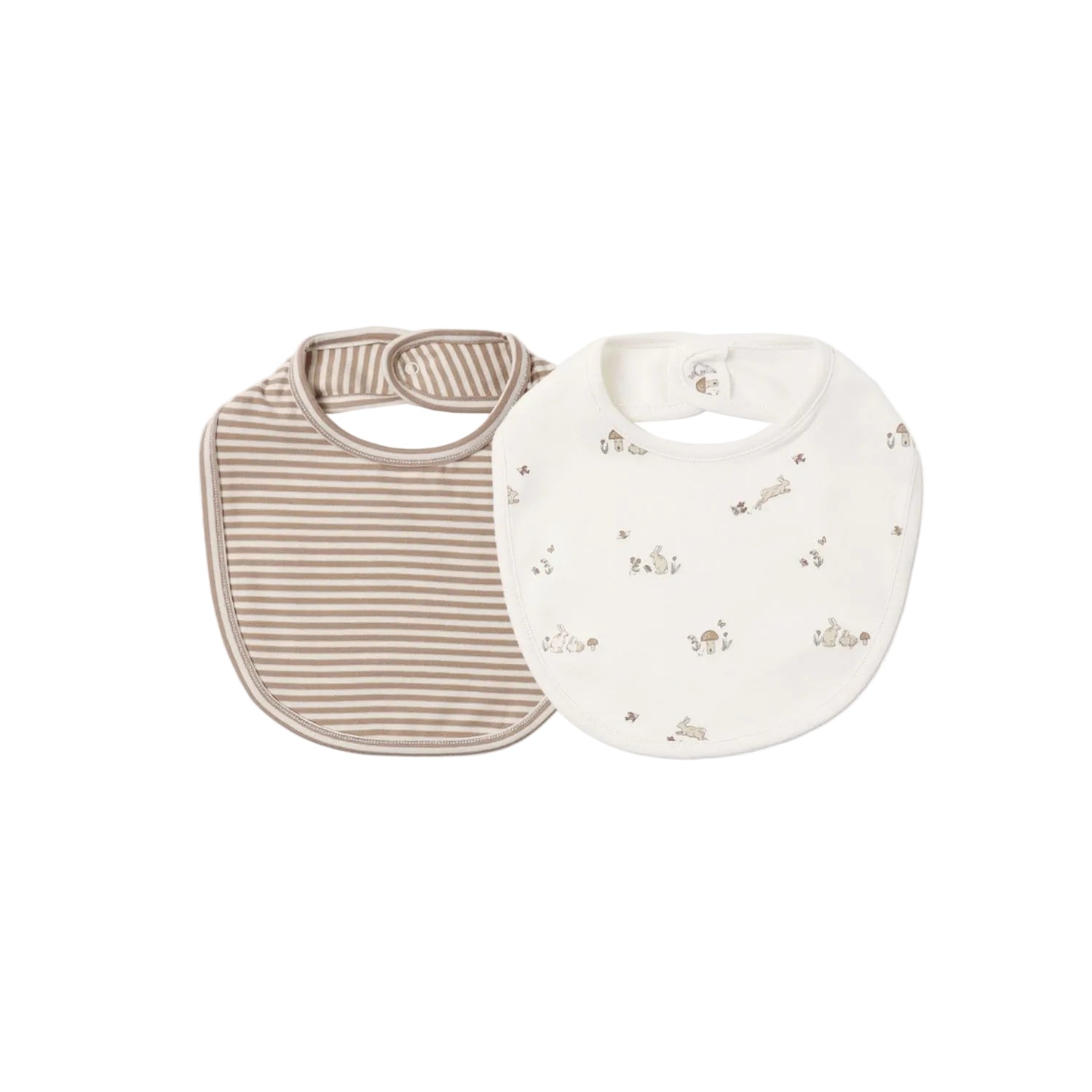 Two baby bibs on a plain white background. One bib is cream and beige with thin horizontal stripes, and the other is off-white with a small scattered animal print.