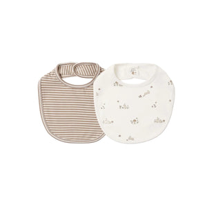 Two baby bibs on a plain white background. One bib is cream and beige with thin horizontal stripes, and the other is off-white with a small scattered animal print.