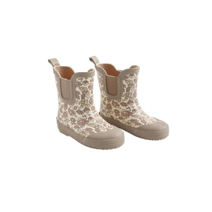 A pair of toddler rain boots with a beige and brown floral pattern, elastic side panels, and pull tabs, shown on a plain white background.