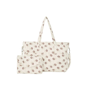 An off-white textured fabric tote bag with a brown floral pattern, shown with a matching small pouch on a plain white background.