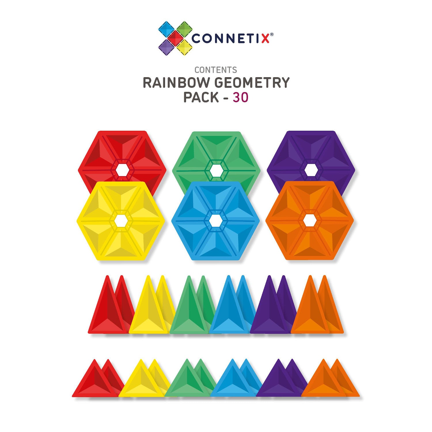 Connetix magnetic tiles packaging with colorful geometric shapes on a purple background