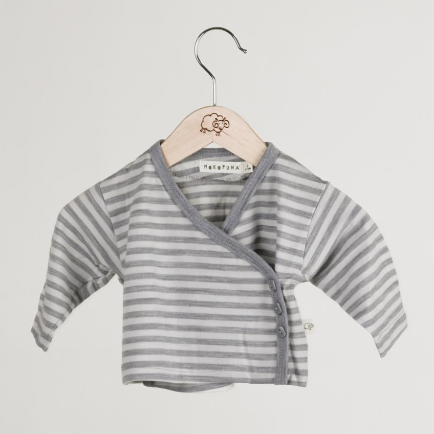 Mokopuna Cardigan in cloudy bay stripe, cream and grey