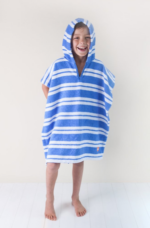 Troupe Hooded Poncho Towel in Blue Rugby stripe colour