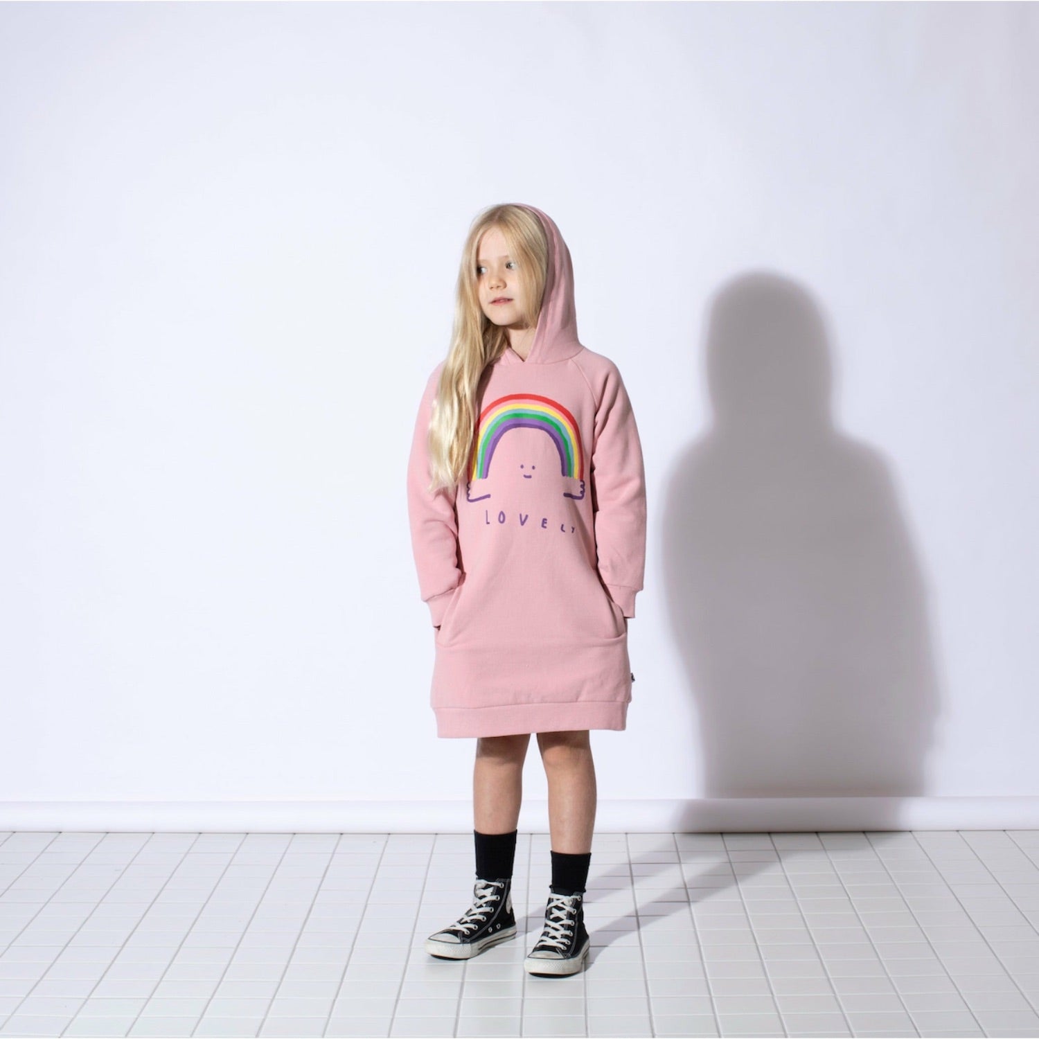 Minti Lovely Rainbow Furry Hoodie Dress Muted Pink