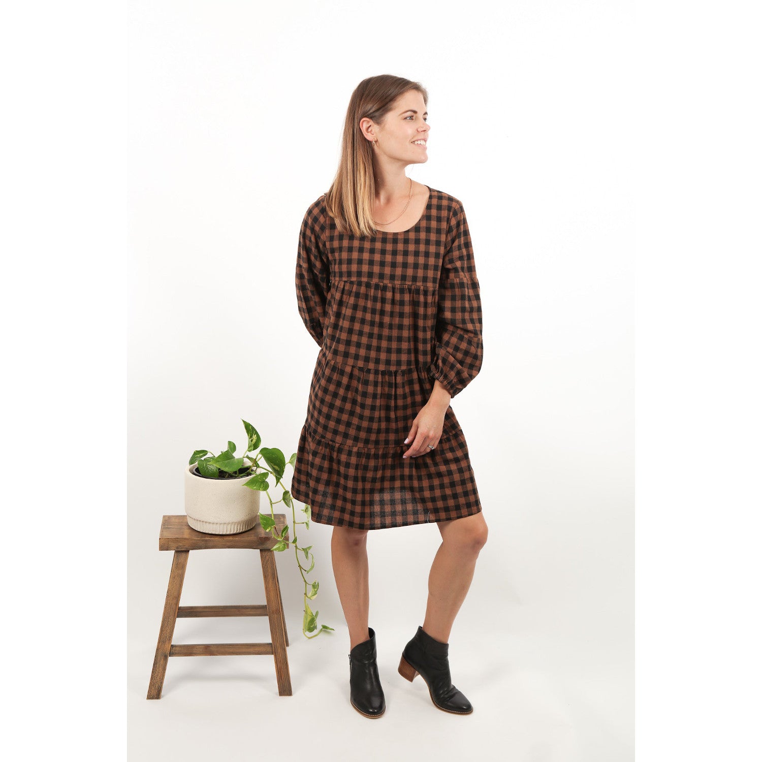 Close to the Heart Smock Dress Bronze Gingham