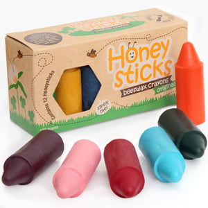 Box and crayons showing original Honey Sticks crayons