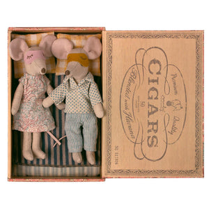 Maileg Mouse Mum and Dad in a Cigar Box