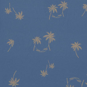 Toshi swim fabric Dreamer print palm trees and hammocks in taupe on mid blue background